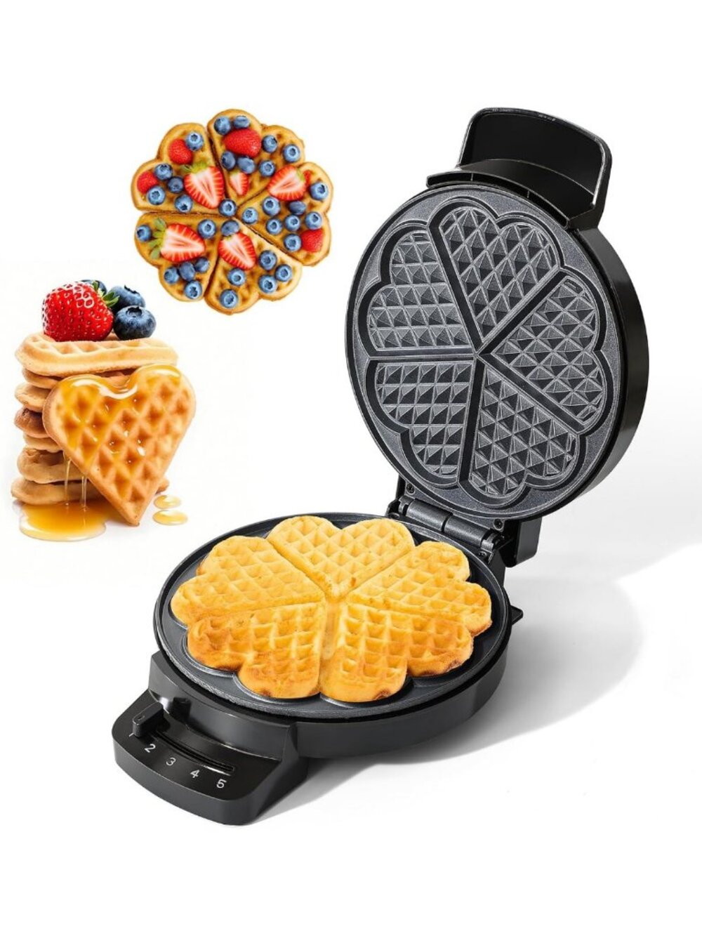 Heart-Shaped Waffle Maker, 5 Slice Non-Stick Plates, 1000W, Perfect Gift Idea